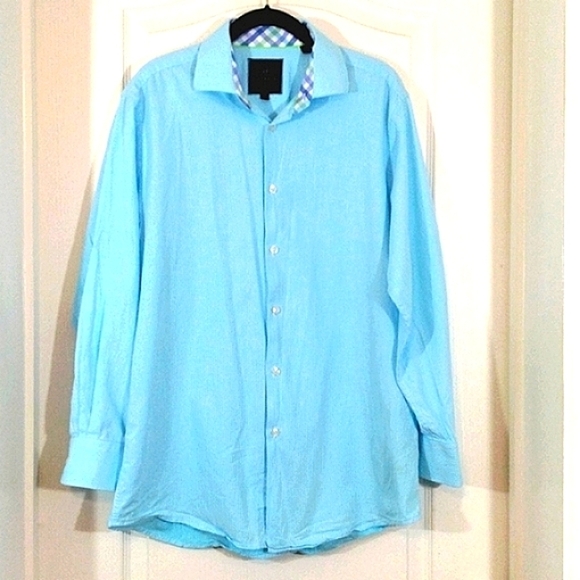 Tattersall London Men's Blue Mini Houndstooth Check Dress Shirt Spread Collar 16 - Picture 8 of 8